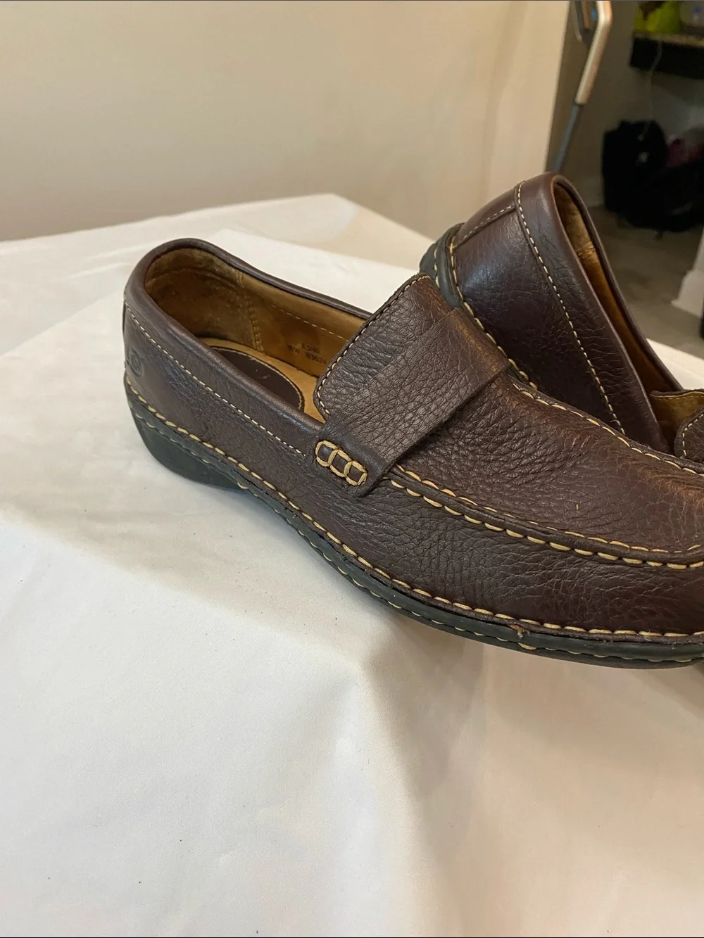 Born Dark Brown Leather Penny Loafers with Contrast Stitching